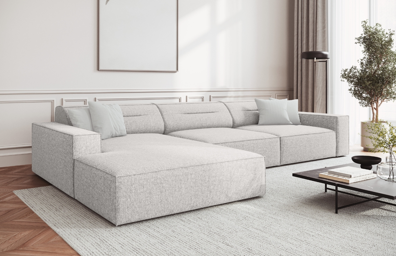 Světle šedá čalouněná rohová pohovka Windsor & Co Lupus 284 cm, levá