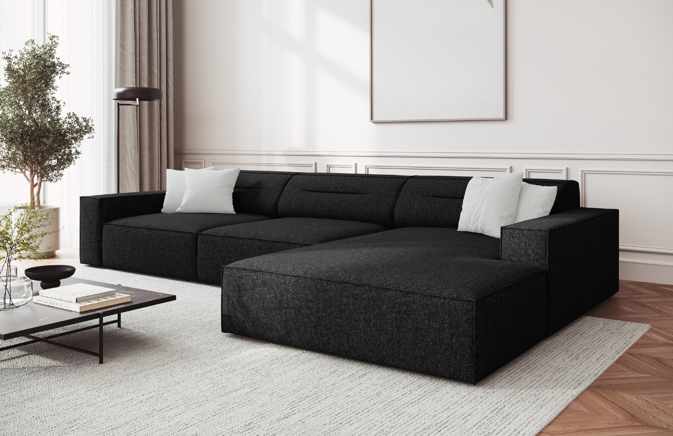 Černá čalouněná rohová pohovka Windsor & Co Lupus 284 cm, pravá