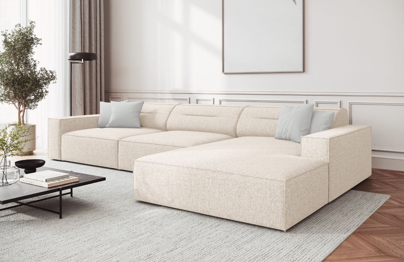 Světle béžová čalouněná rohová pohovka Windsor & Co Lupus 284 cm, pravá