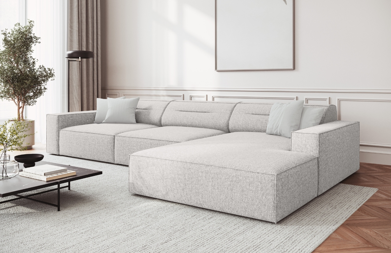 Světle šedá čalouněná rohová pohovka Windsor & Co Lupus 284 cm, pravá