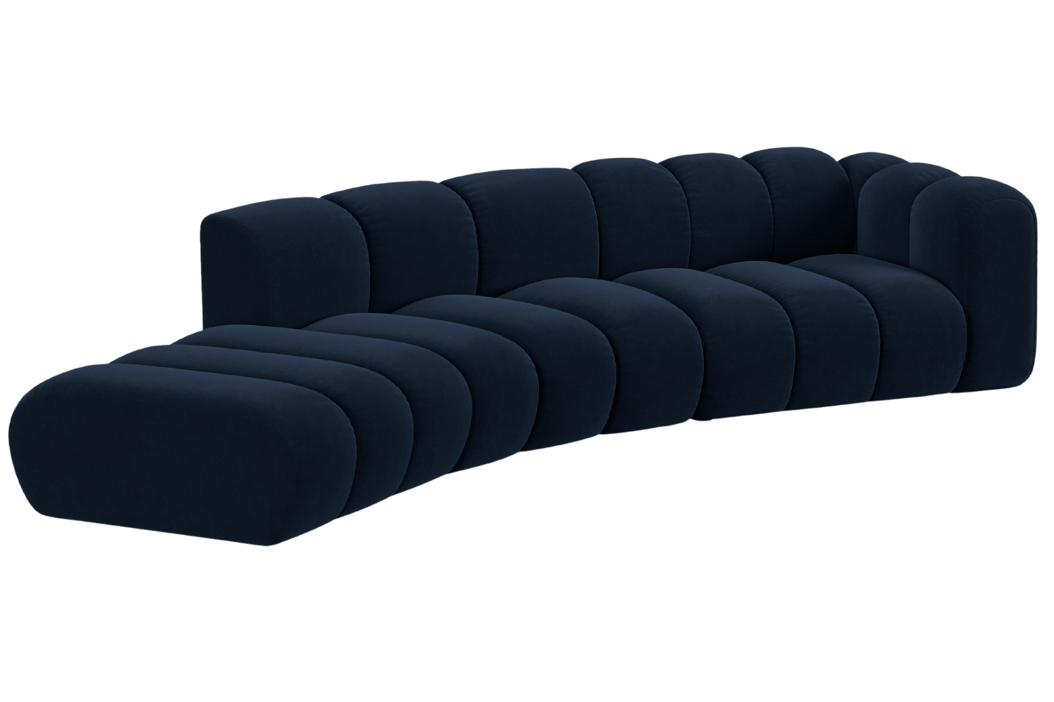 Královsky modrá sametová čtyřmístná pohovka MICADONI Lupine 335 cm, levá