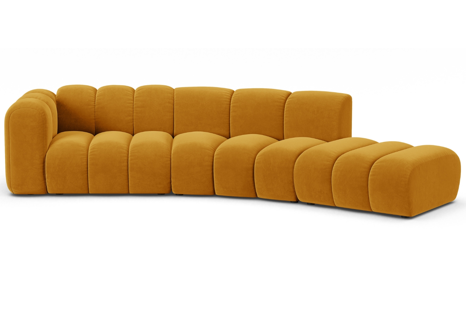Žlutá sametová čtyřmístná pohovka MICADONI Lupine 335 cm, pravá