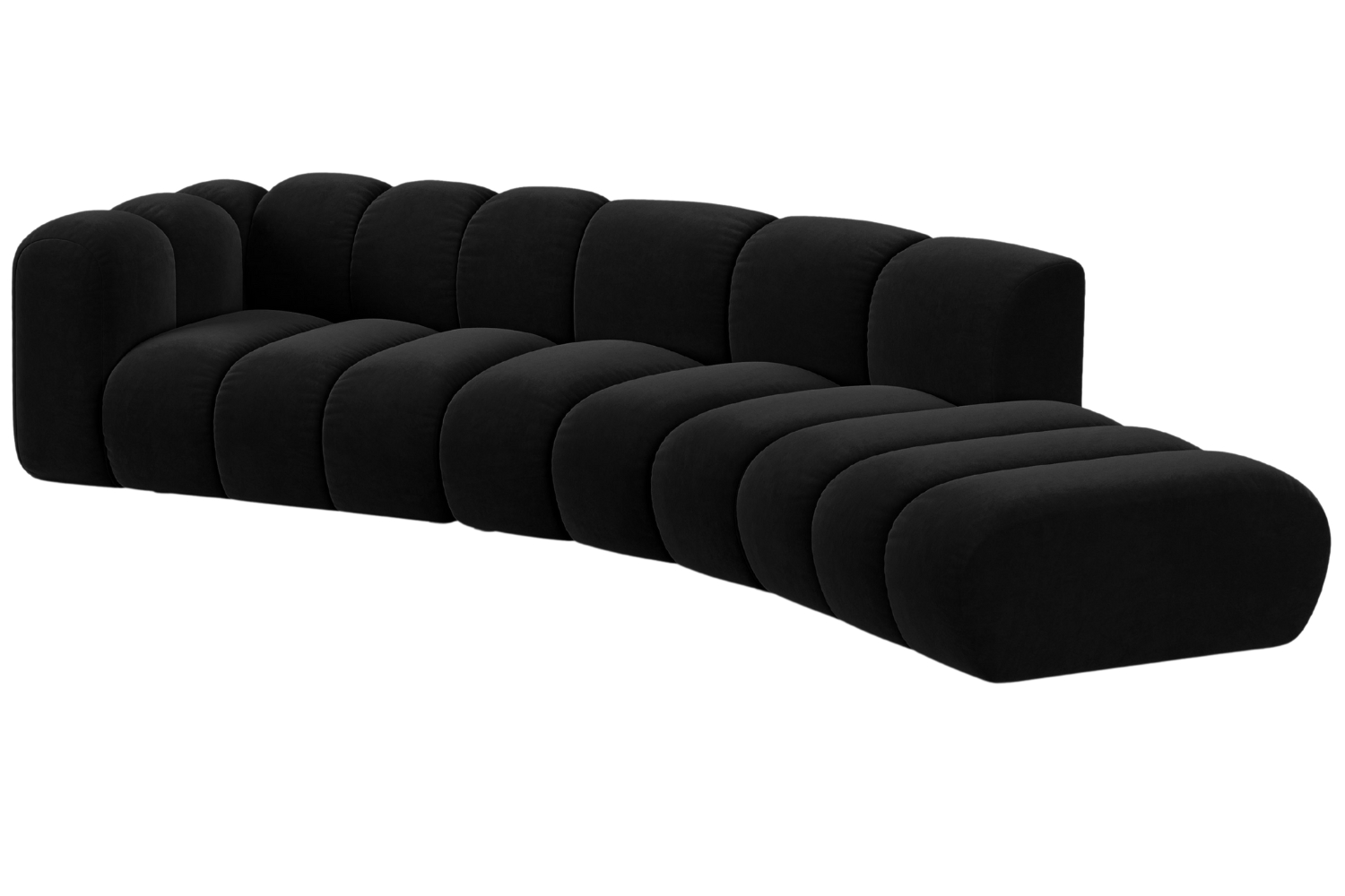 Černá sametová čtyřmístná pohovka MICADONI Lupine 335 cm, pravá