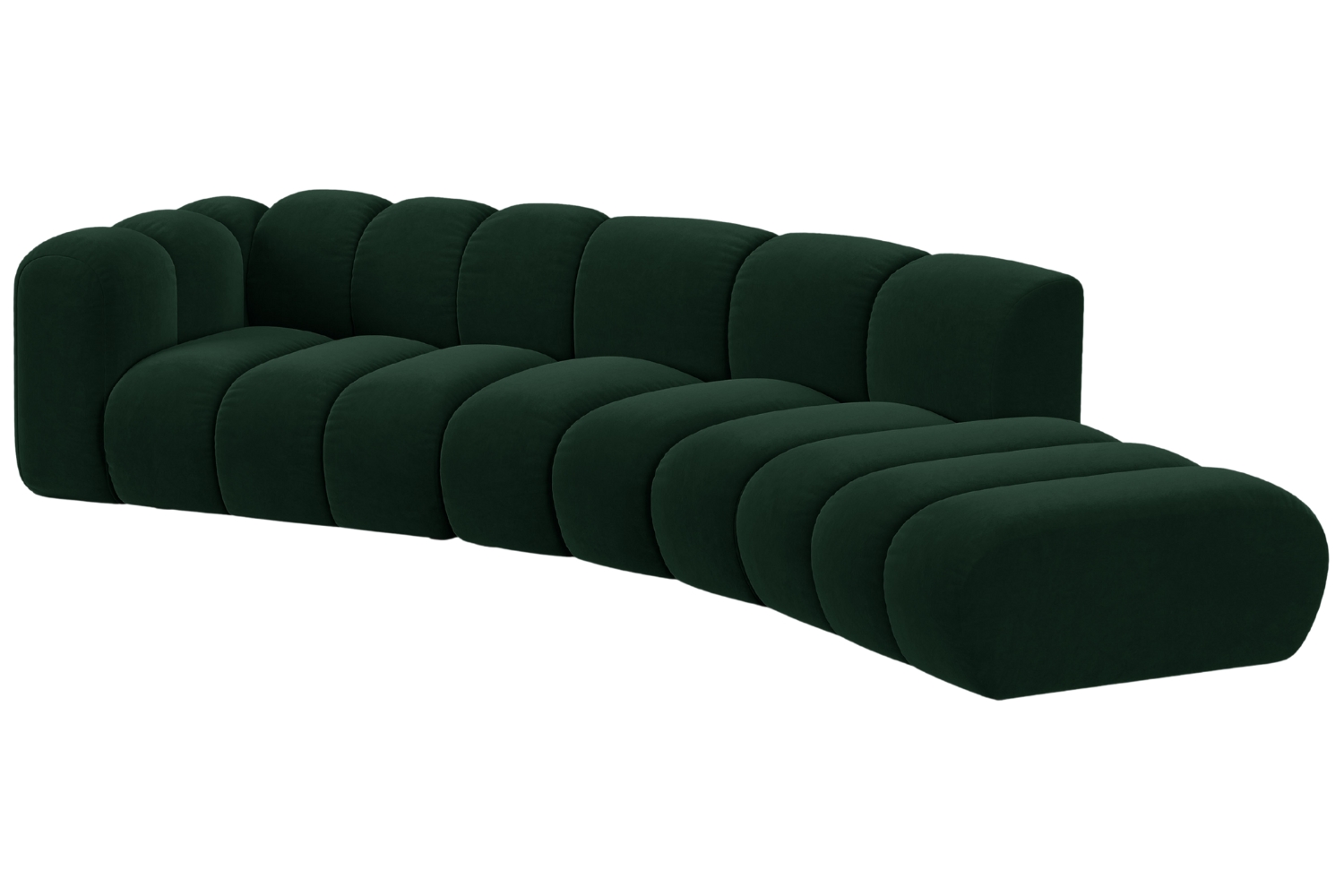Lahvově zelená sametová čtyřmístná pohovka MICADONI Lupine 335 cm, pravá