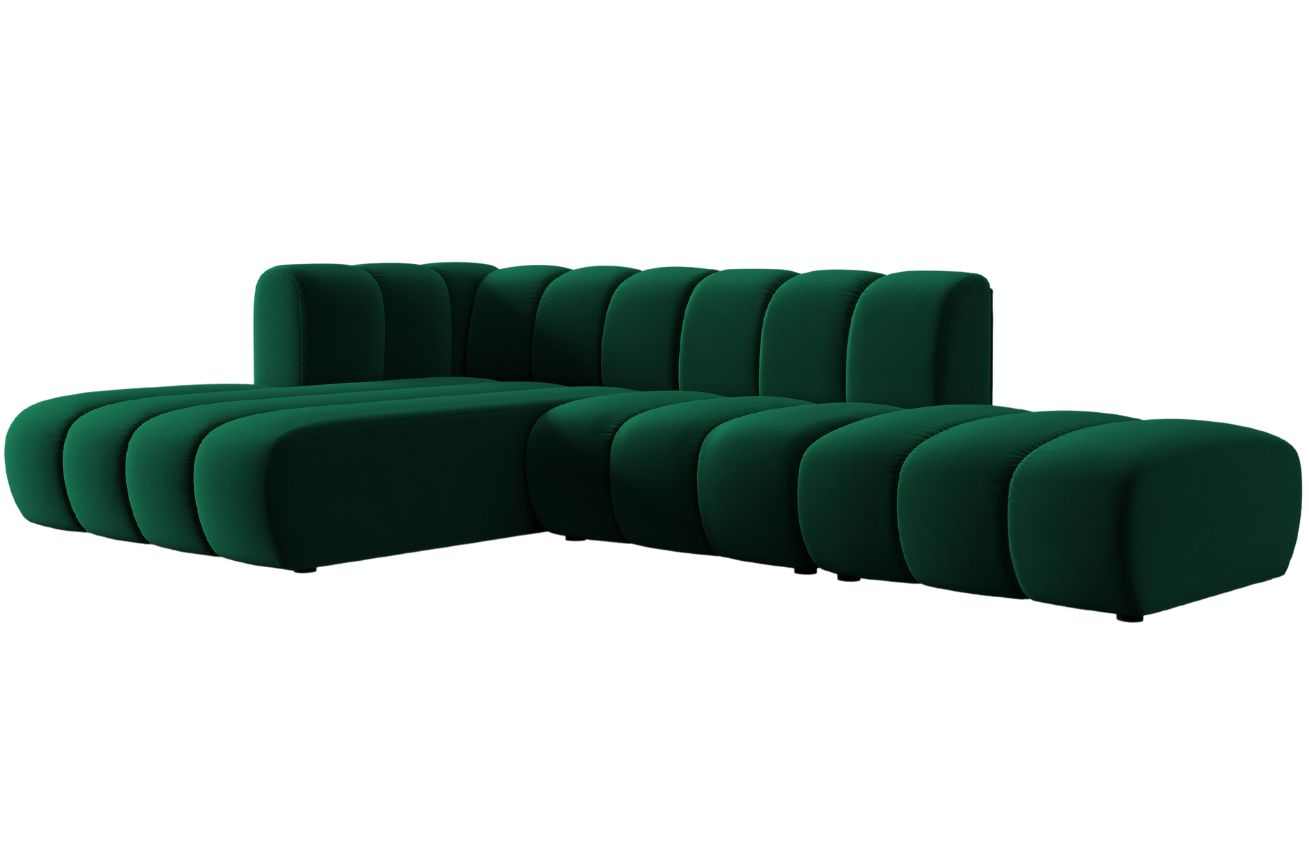 Lahvově zelená sametová pětimístná pohovka MICADONI Lupine 294 cm, levá