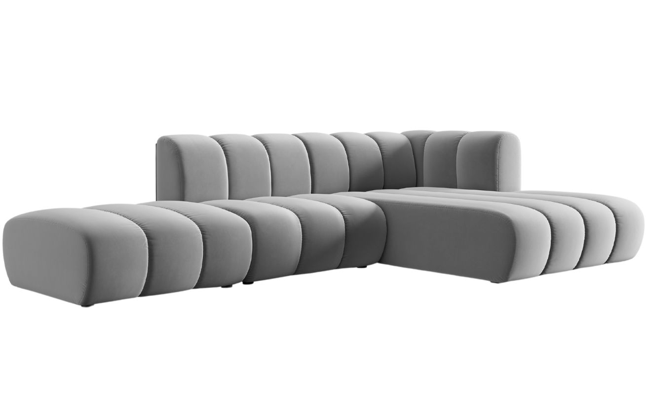 Šedá sametová pětimístná pohovka MICADONI Lupine 294 cm, pravá