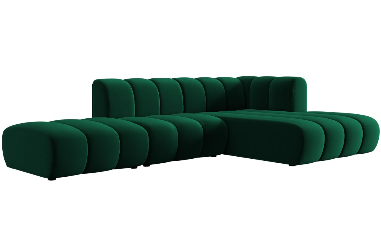 Lahvově zelená sametová pětimístná pohovka MICADONI Lupine 294 cm, pravá