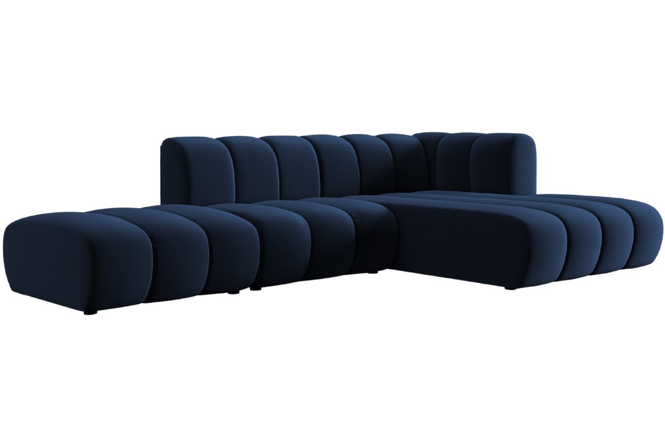 Královsky modrá sametová pětimístná pohovka MICADONI Lupine 294 cm, pravá