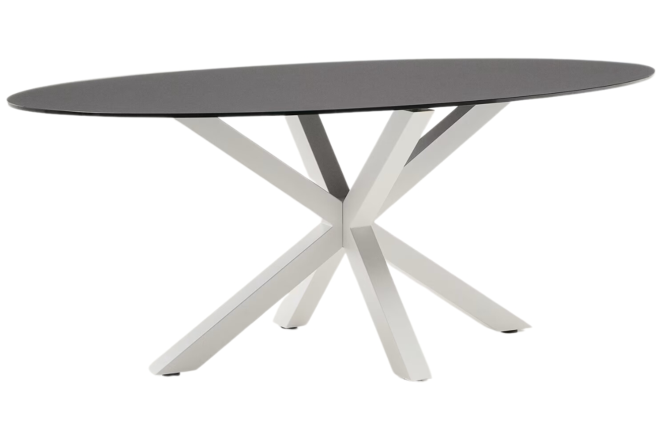 Matně čern&yacute; skleněn&yacute; j&iacute;deln&iacute; stůl Kave Home Argo 200 x 100 cm s b&iacute;lou kovovou podnož&iacute;