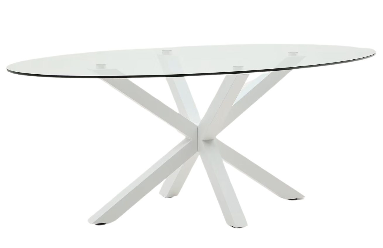 Skleněn&yacute; j&iacute;deln&iacute; stůl Kave Home Argo II. 200 x 100 cm s b&iacute;lou kovovou podnož&iacute;