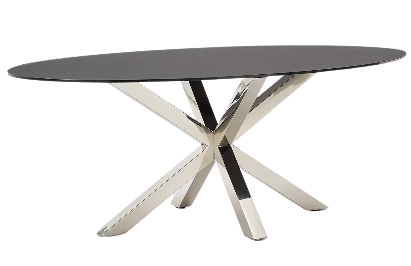 Matně čern&yacute; skleněn&yacute; j&iacute;deln&iacute; stůl Kave Home Argo II. 200 x 100 cm s nerezovou podnož&iacute;