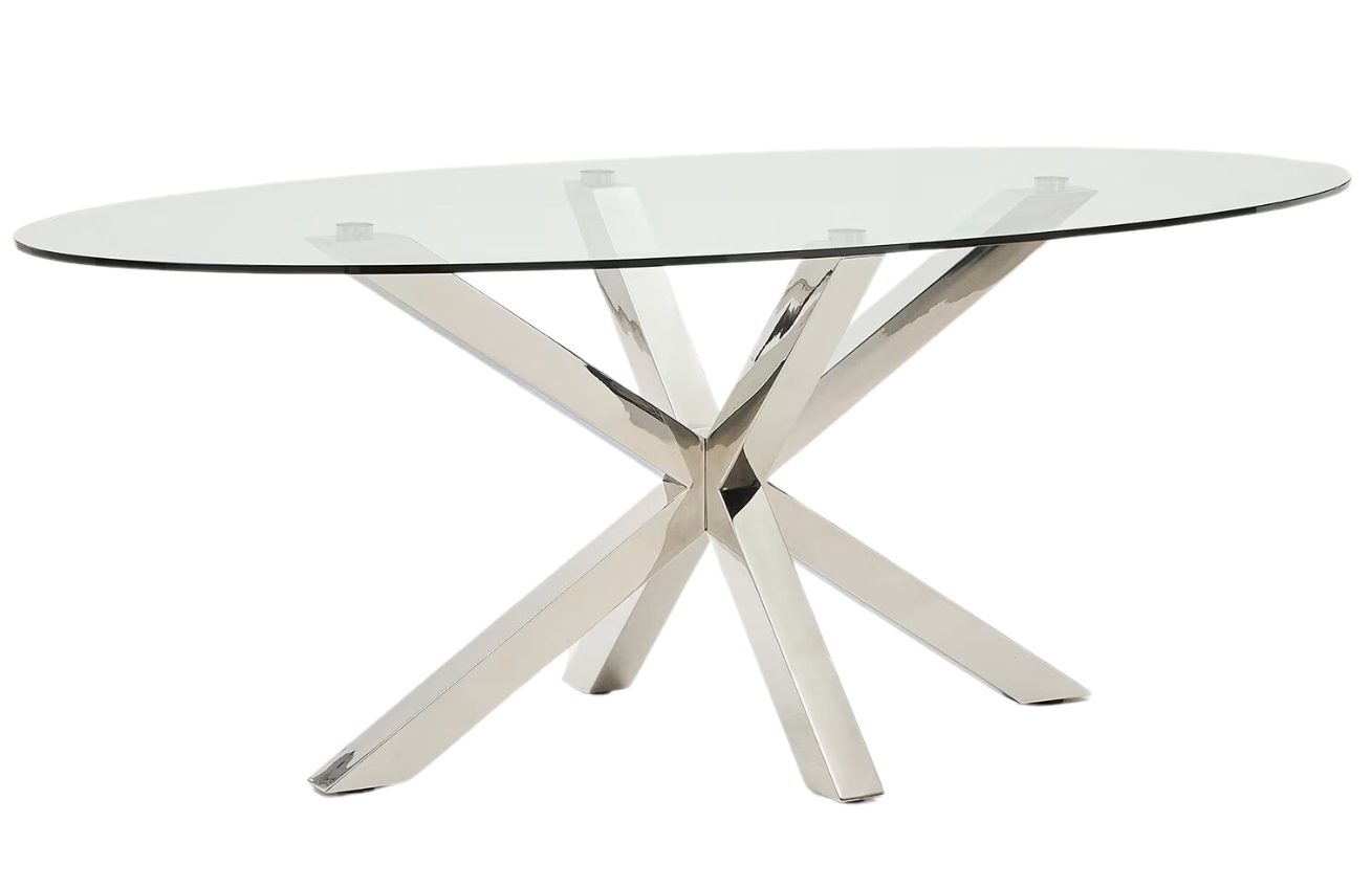 Skleněn&yacute; j&iacute;deln&iacute; stůl Kave Home Argo II. 200 x 100 cm s nerezovou podnož&iacute;