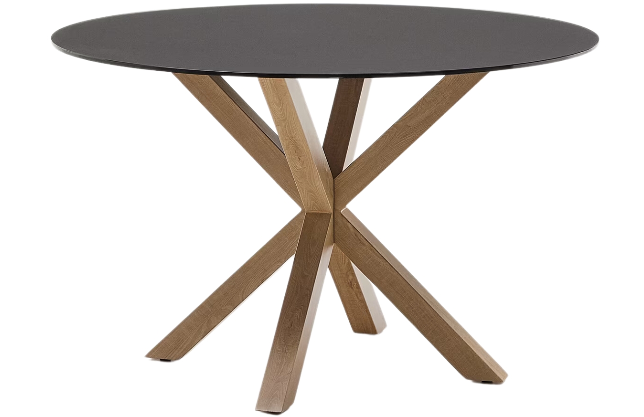 Matně čern&yacute; skleněn&yacute; j&iacute;deln&iacute; stůl Kave Home Argo 120 cm s př&iacute;rodn&iacute; kovovou podnož&iacute;