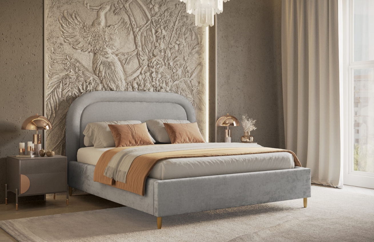 Maison de Rêve Světle šedá čalouněná dvoulůžková postel MIJA 180 x 200 cm s úložným prostorem