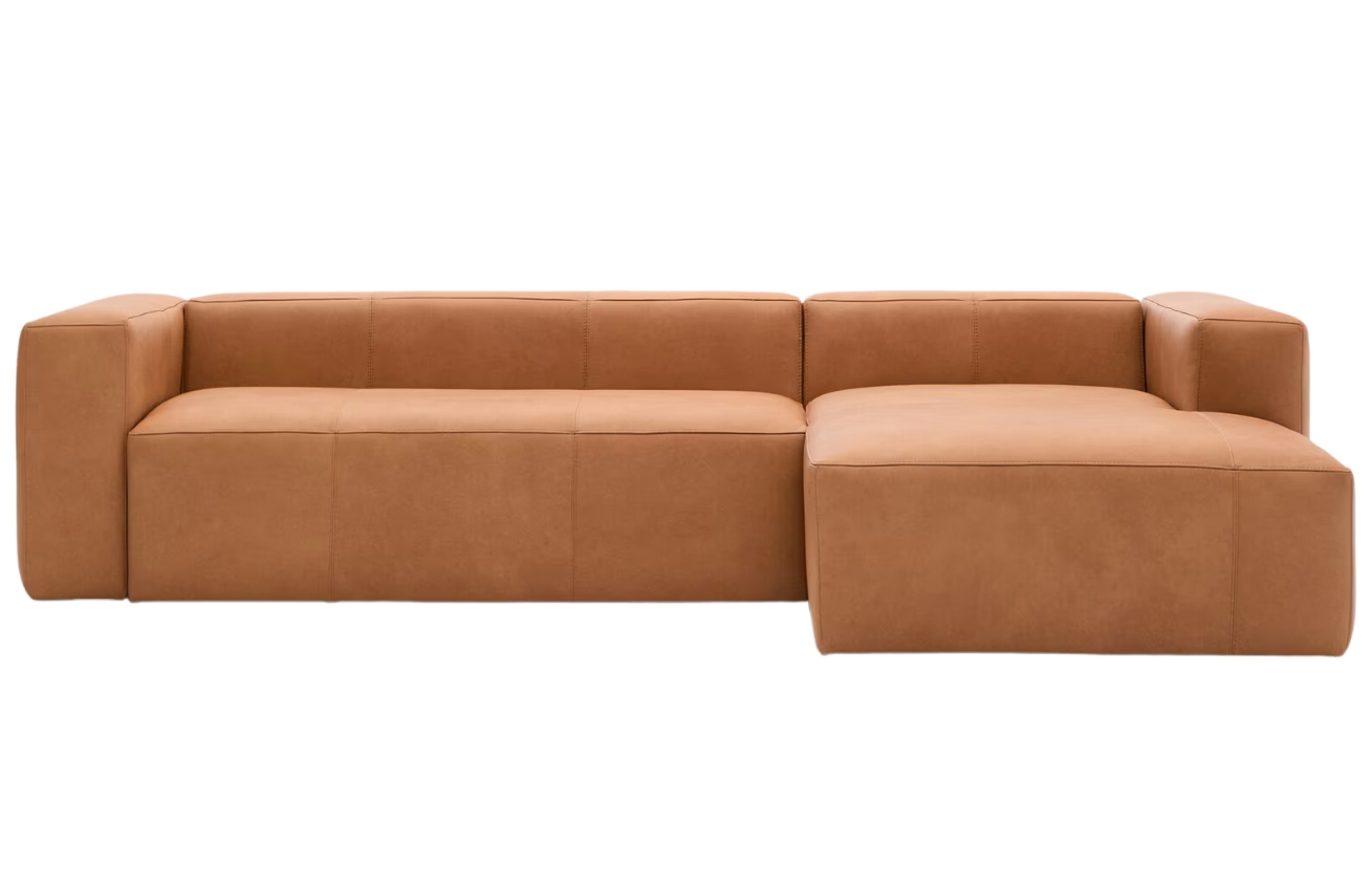 Hnědá kožená rohová pohovka Kave Home Blok 300 cm, pravá