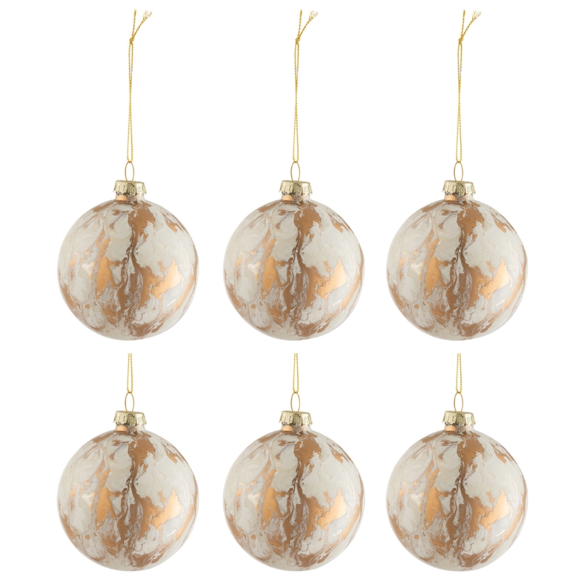 Set šesti bílých skleněných vánočních ozdob J-line Morble 8,5 cm