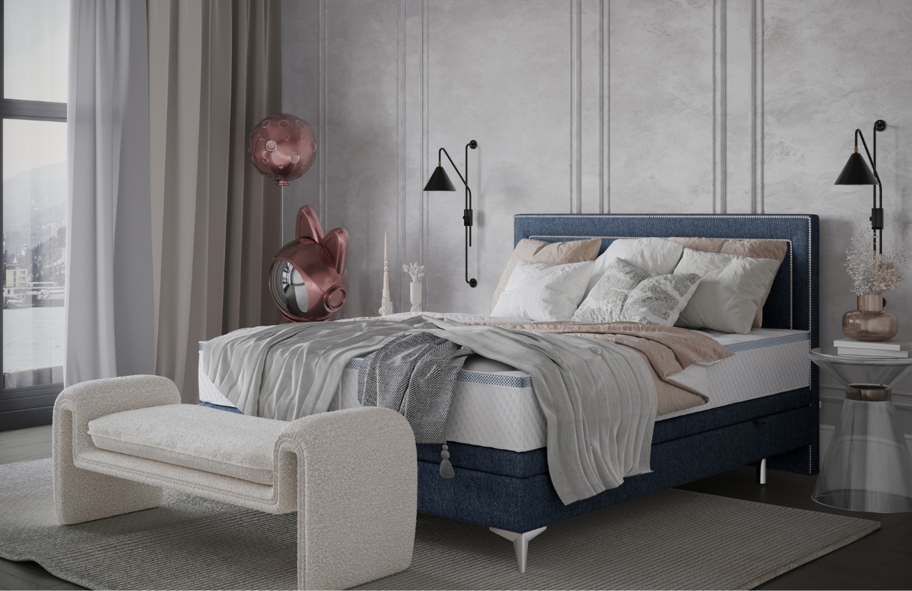 Maison de Rêve Modrá čalouněná dvoulůžková postel INCOVO 200 x 200 cm s úložným prostorem