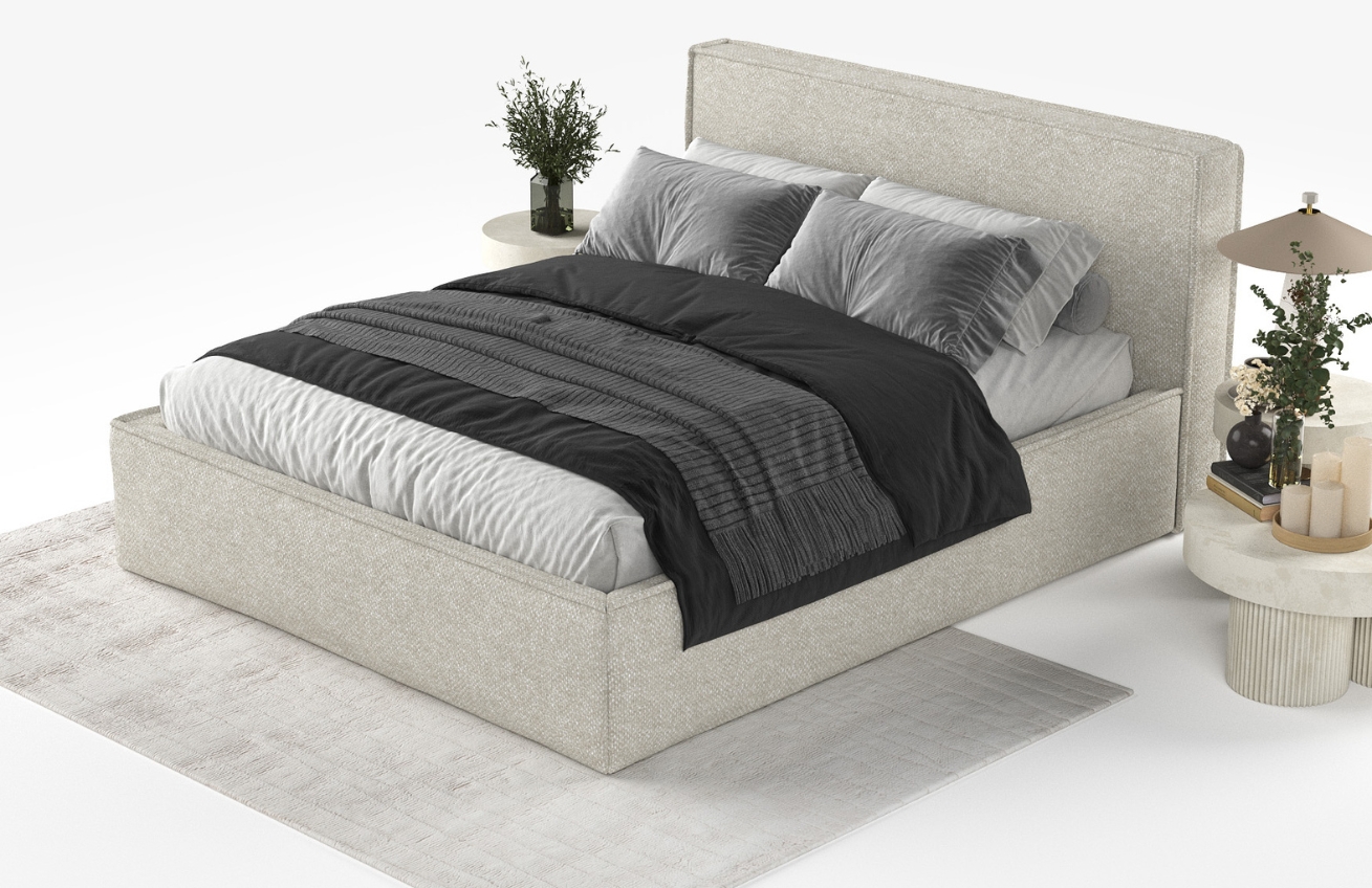 Maison de Rêve Šedobéžová čalouněná dvoulůžková postel LOUNGE L 160 x 200 cm s úložným prostorem