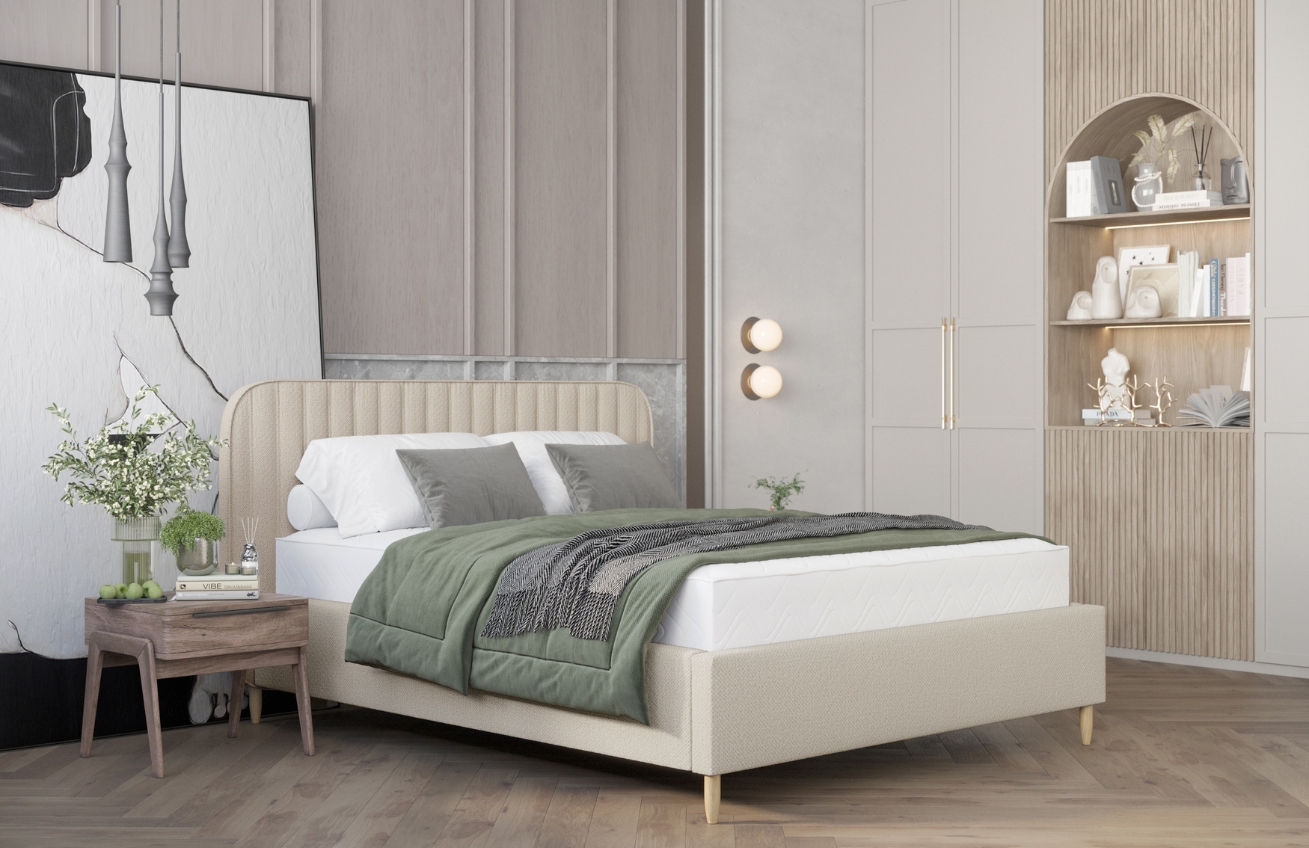 Maison de Rêve Béžová čalouněná dvoulůžková postel NOTO 160 x 200 cm s úložným prostorem
