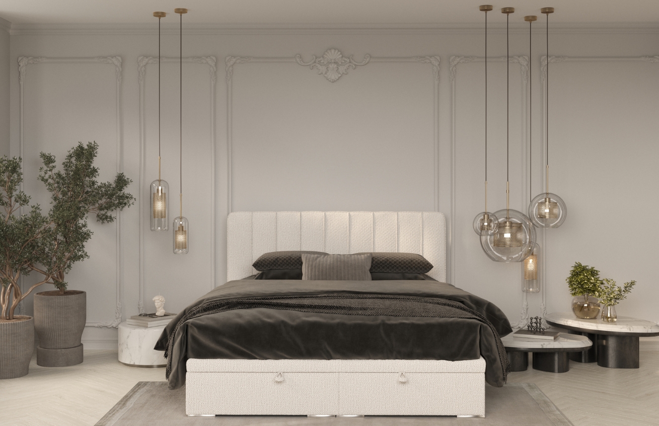 Maison de Rêve Světle béžová čalouněná dvoulůžková postel SWANKY 200 x 200 cm s úložným prostorem