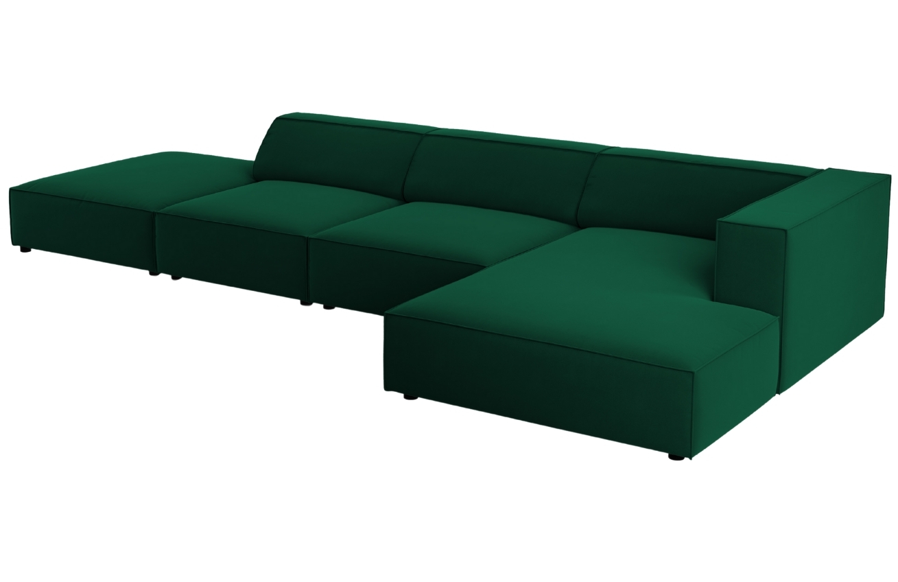 Lahvově zelená sametová rohová pohovka Cosmopolitan Design Arendal 341 cm, pravá