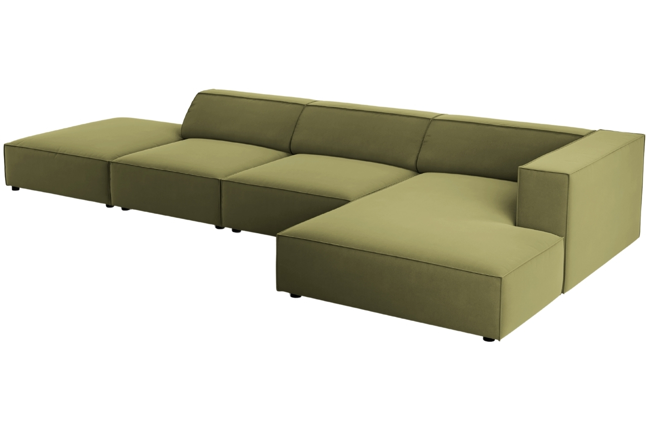 Zelená sametová rohová pohovka Cosmopolitan Design Arendal 341 cm, pravá