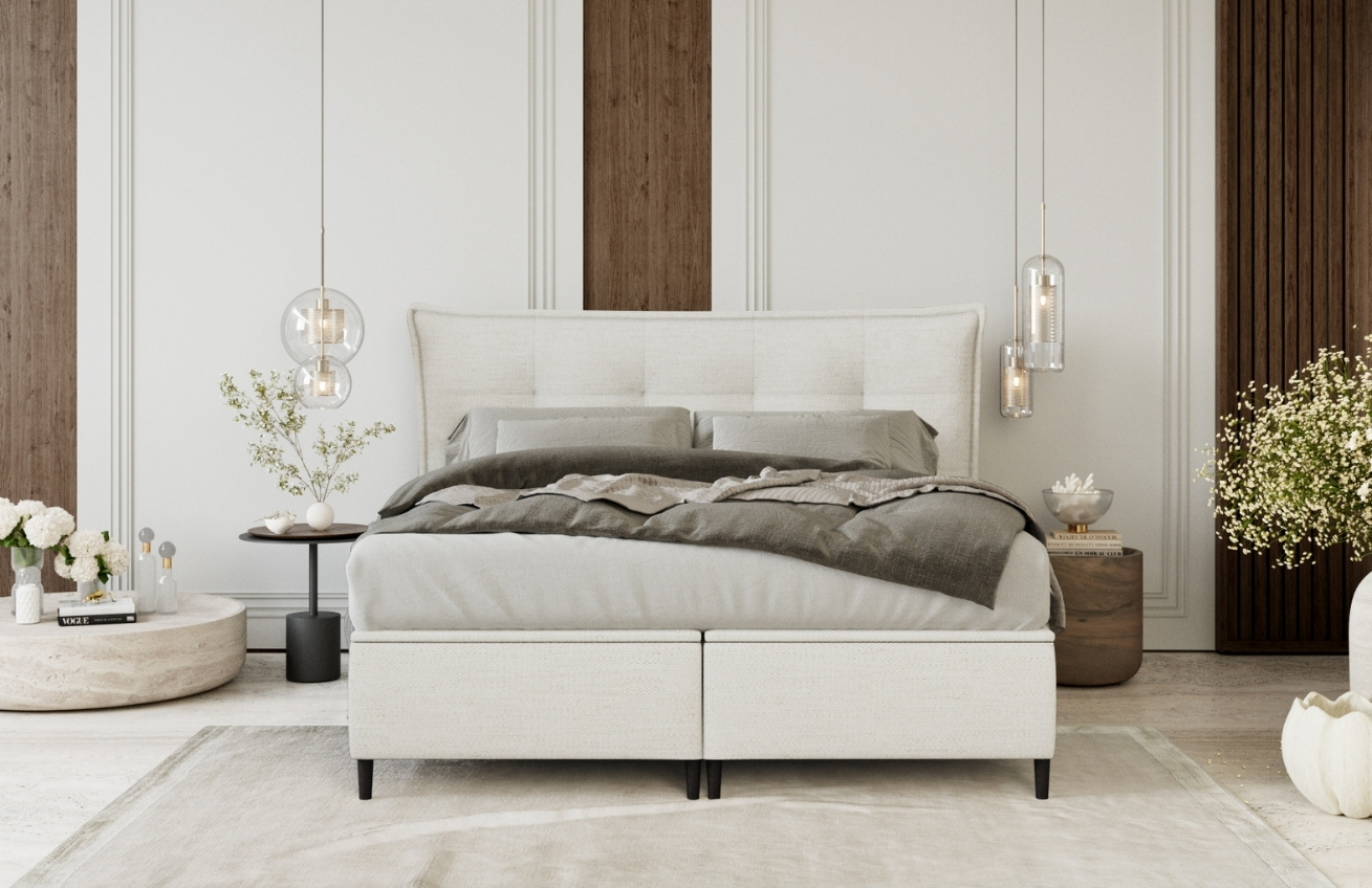 Maison de Rêve Krémově bílá čalouněná dvoulůžková postel KOYA 200 x 200 cm s úložným prostorem