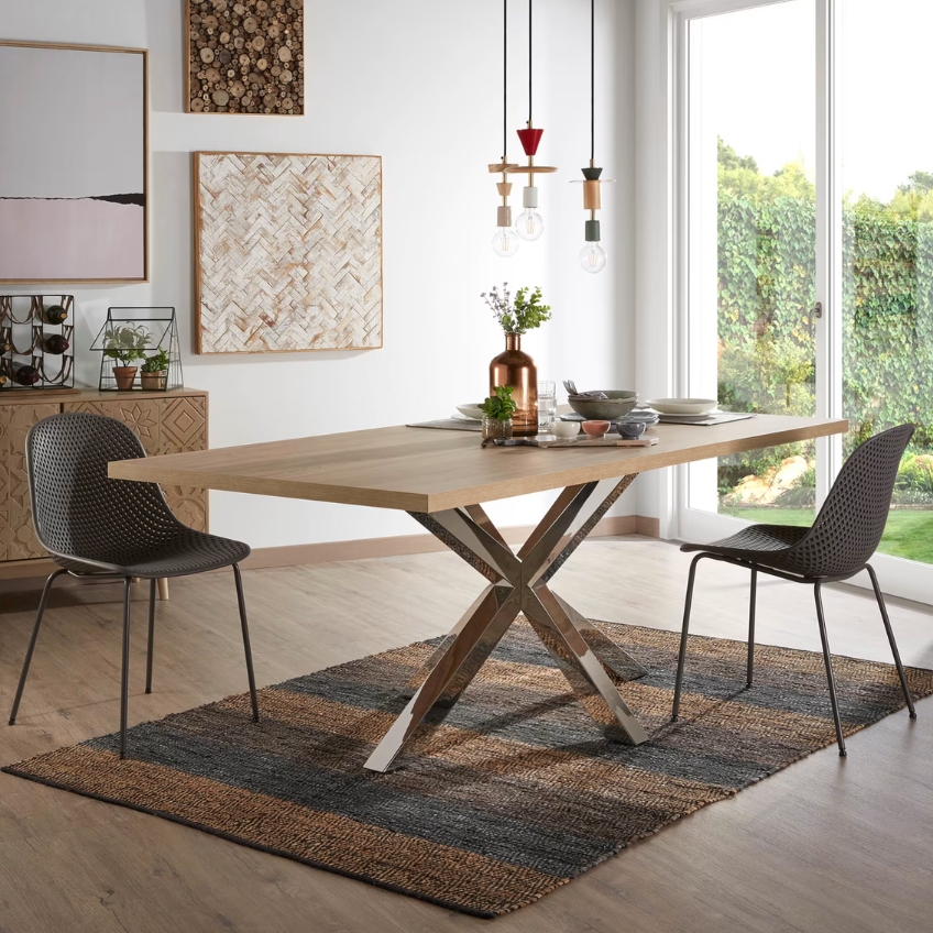 Dubový jídelní stůl Kave Home Argo 200 x 100 cm s nerezovou podnoží