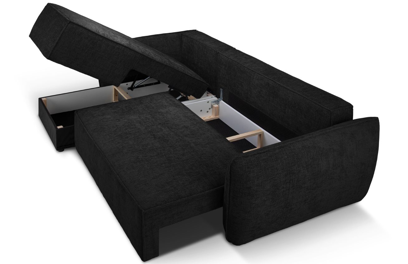 Černá čalouněná rohová rozkládací pohovka MICADONI Kaelle 252 cm, levá