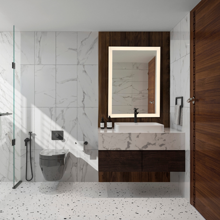 Černé závěsné zrcadlo s LED osvětlením Nova Luce Deca 80 x 60 cm -fv-interier-25