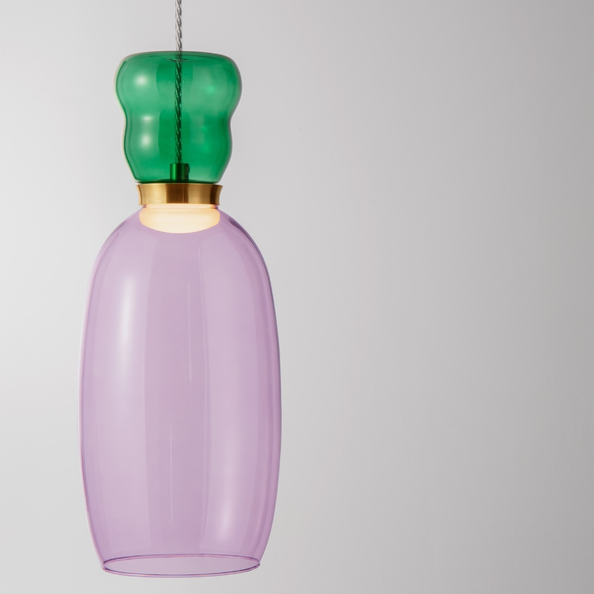 Fialovo-zelené skleněné závěsné LED světlo Nova Luce Pluma 15 cm