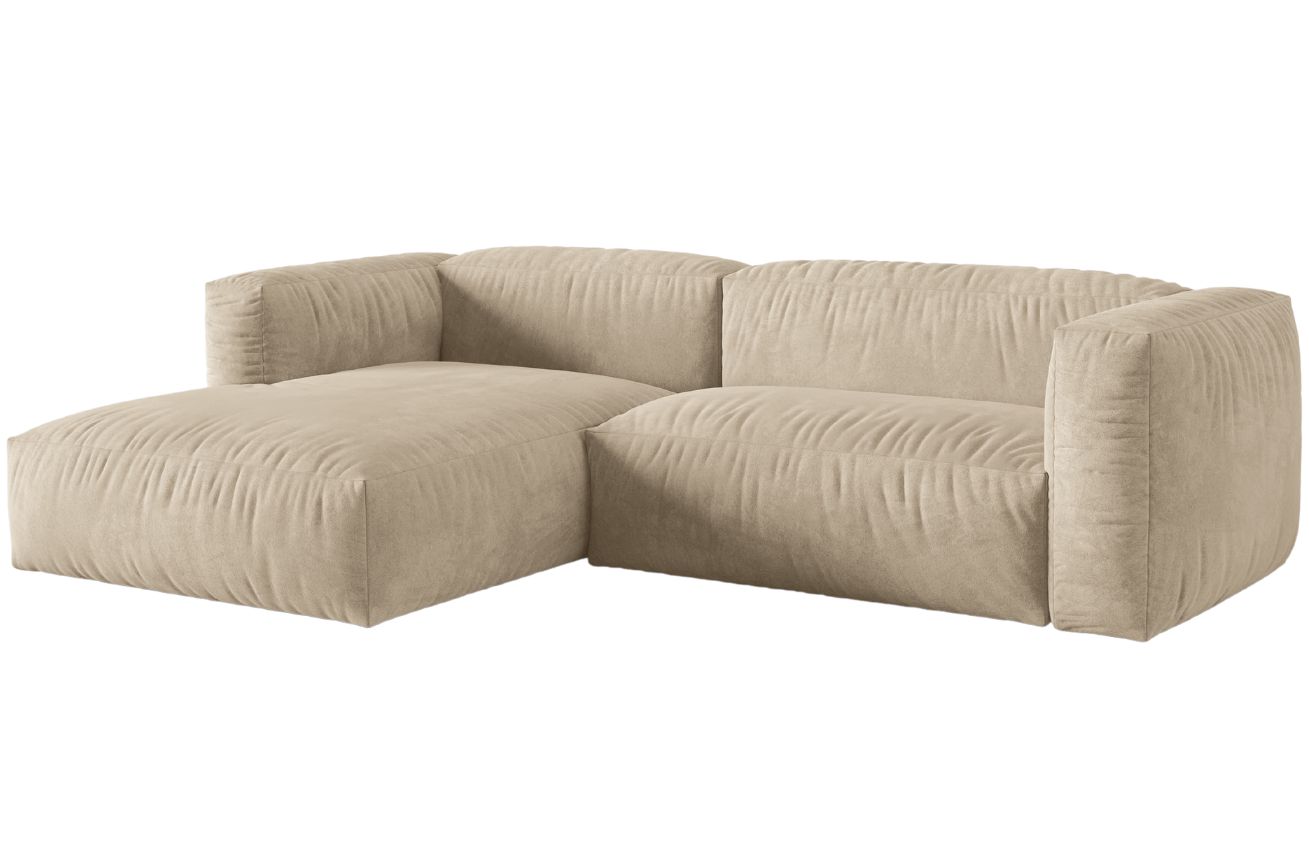 Světle béžová sametová rohová pohovka MICADONI Martina 283 cm, levá