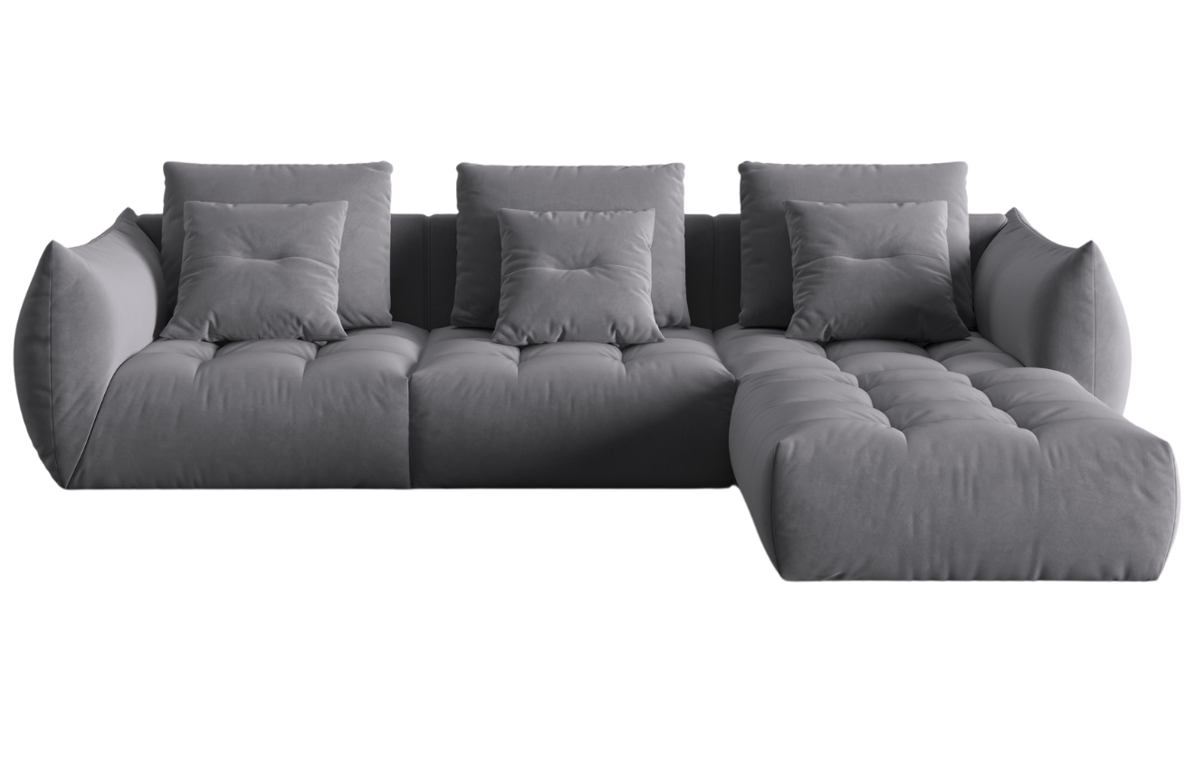 Tmavě &scaron;ed&aacute; sametov&aacute; rohov&aacute; pohovka MICADONI Bloom 332 cm, lev&aacute;/prav&aacute;