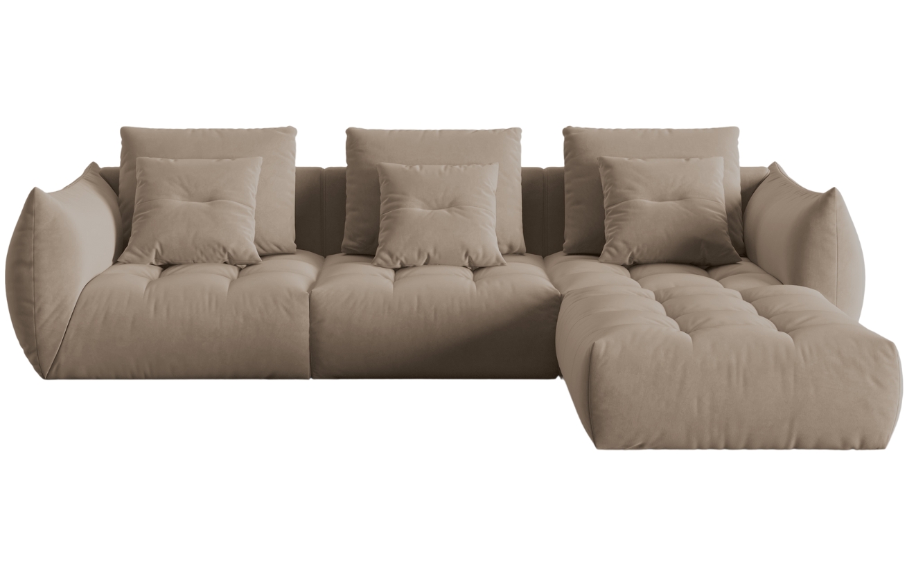 Světle hněd&aacute; sametov&aacute; rohov&aacute; pohovka MICADONI Bloom 332 cm, lev&aacute;/prav&aacute;