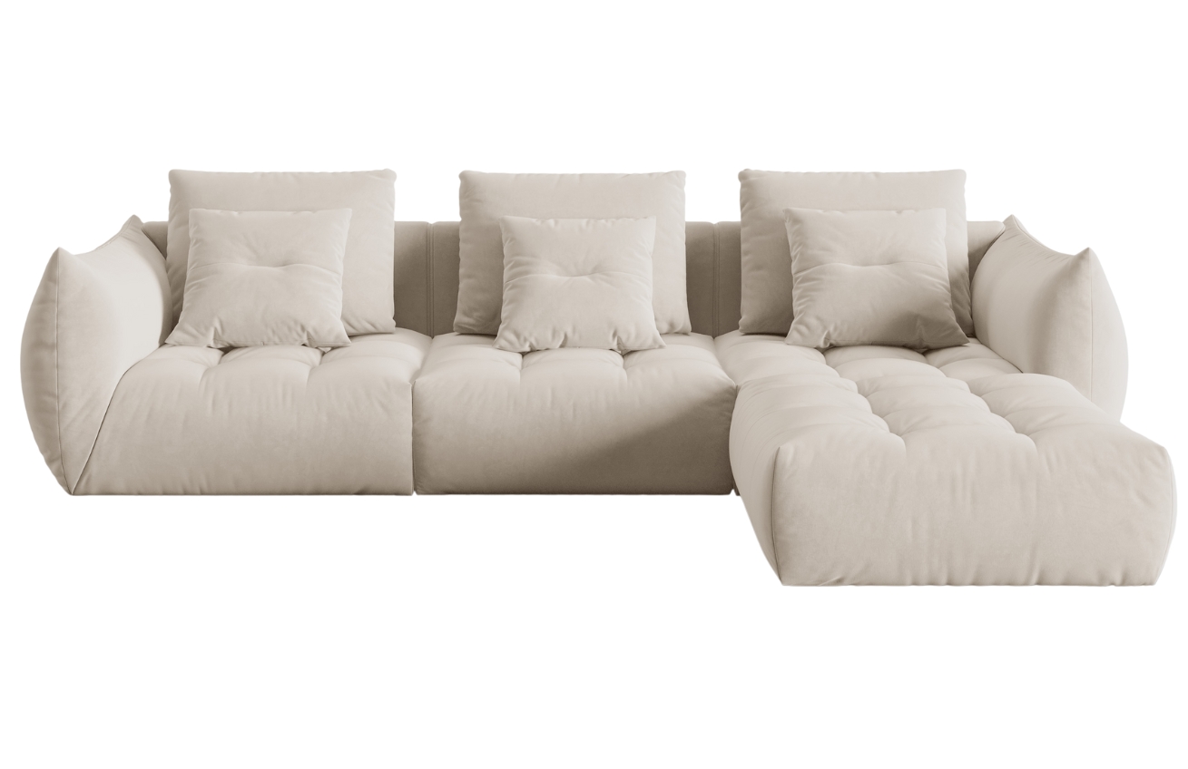 Světle b&eacute;žov&aacute; sametov&aacute; rohov&aacute; pohovka MICADONI Bloom 332 cm, lev&aacute;/prav&aacute;