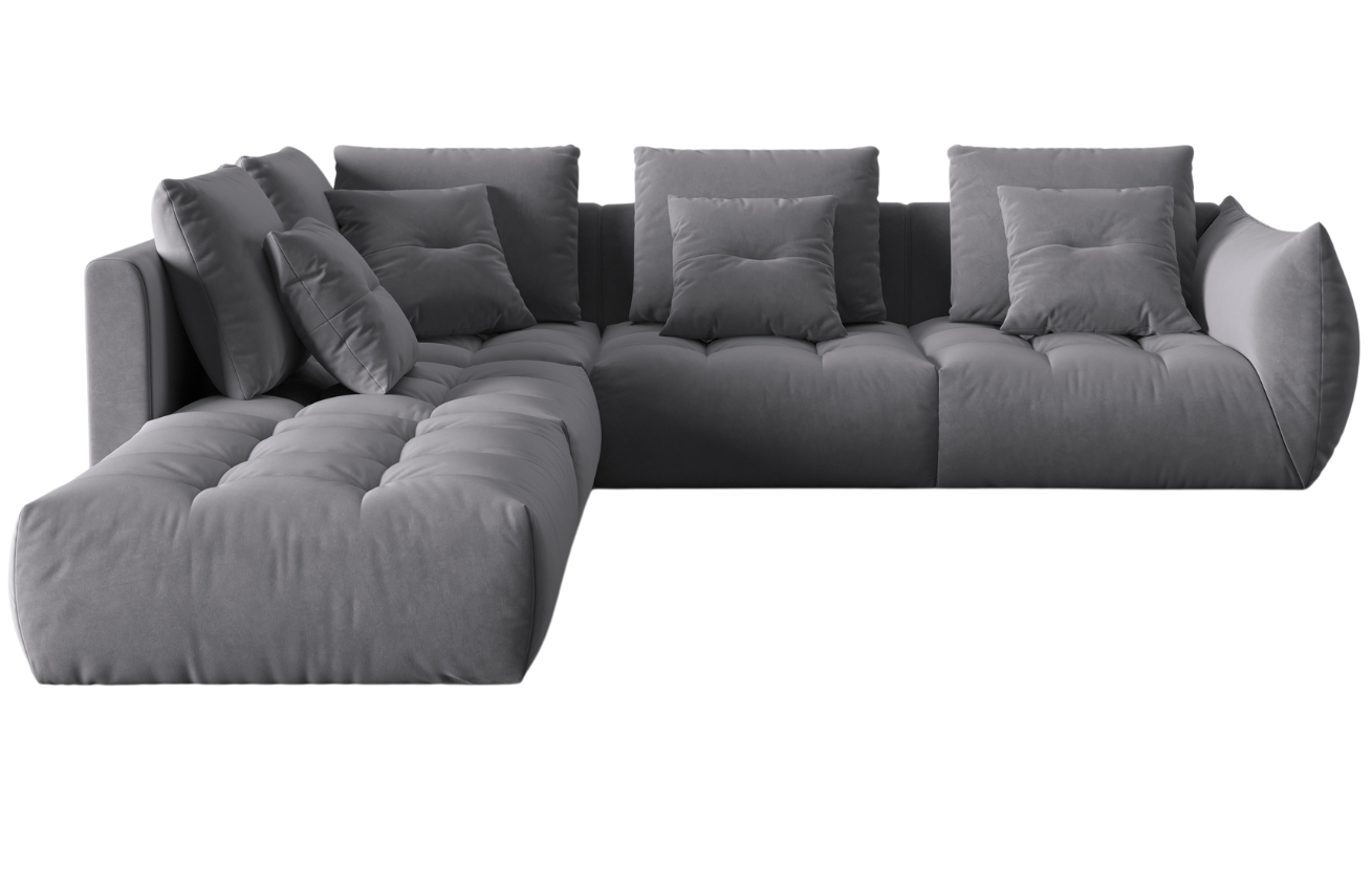 Tmavě &scaron;ed&aacute; sametov&aacute; rohov&aacute; pohovka MICADONI Bloom 316 cm, lev&aacute;