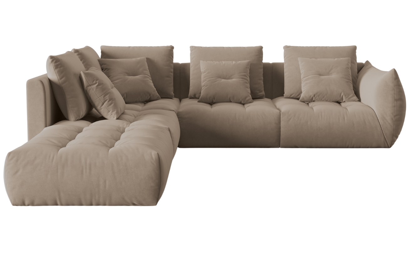 Světle hněd&aacute; sametov&aacute; rohov&aacute; pohovka MICADONI Bloom 316 cm, lev&aacute;