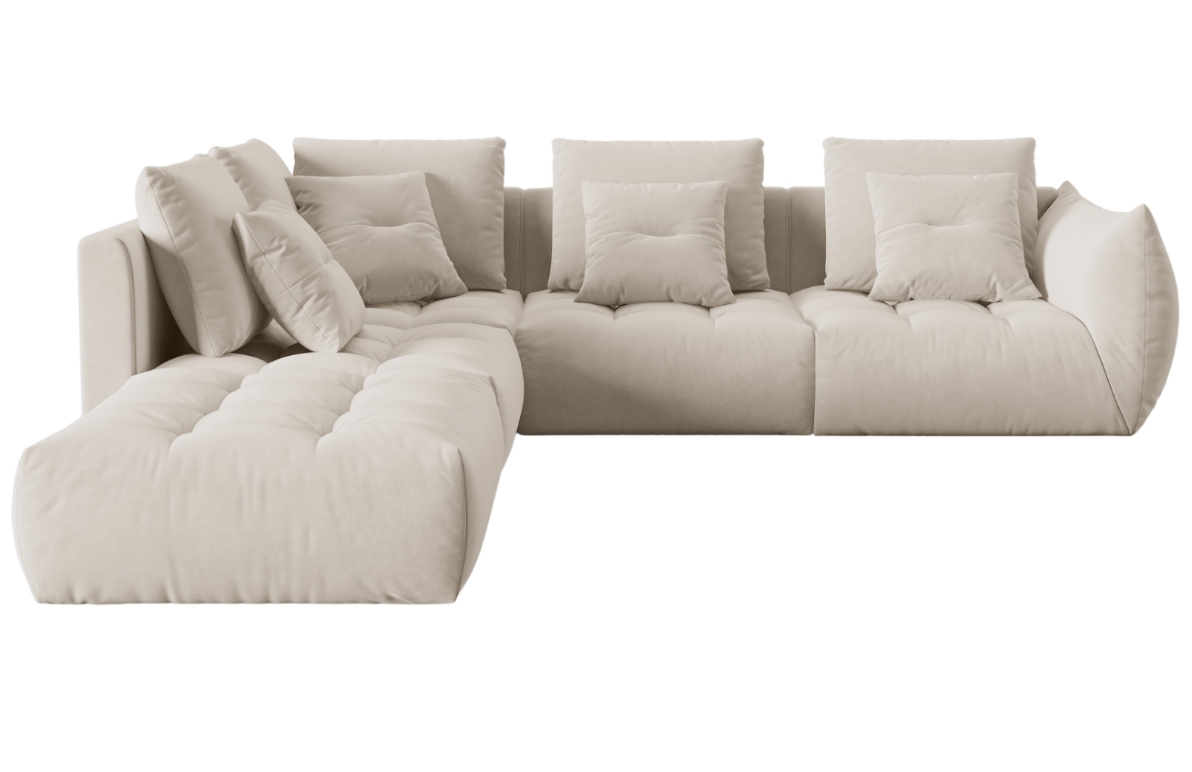 Světle b&eacute;žov&aacute; sametov&aacute; rohov&aacute; pohovka MICADONI Bloom 316 cm, lev&aacute;