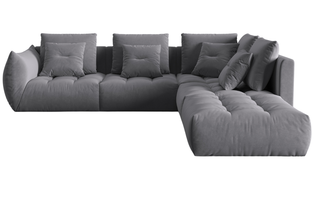 Tmavě &scaron;ed&aacute; sametov&aacute; rohov&aacute; pohovka MICADONI Bloom 316 cm, prav&aacute;