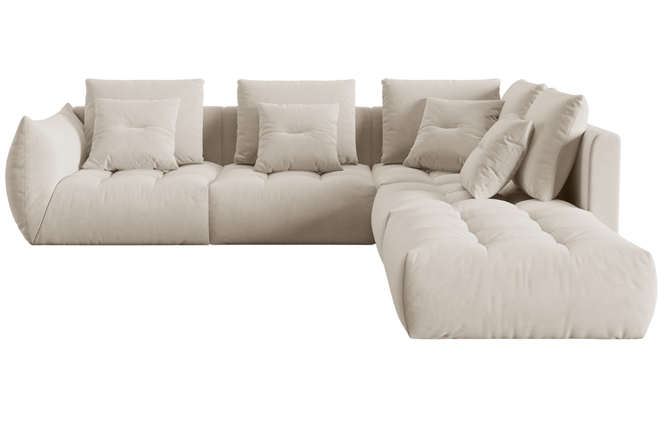 Světle b&eacute;žov&aacute; sametov&aacute; rohov&aacute; pohovka MICADONI Bloom 316 cm, prav&aacute;