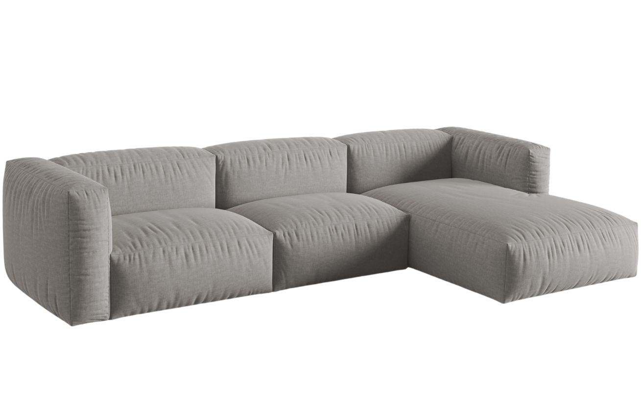 Světle &scaron;ed&aacute; čalouněn&aacute; rohov&aacute; pohovka MICADONI Martina 332 cm, prav&aacute;