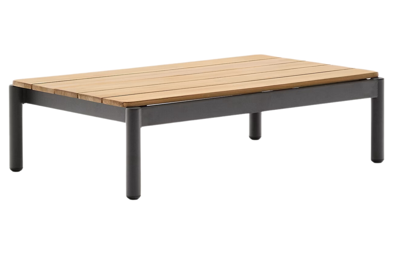 Dřevěný zahradní konferenční stolek Kave Home Sorells 91 x 52,4 cm s šedou podnoží