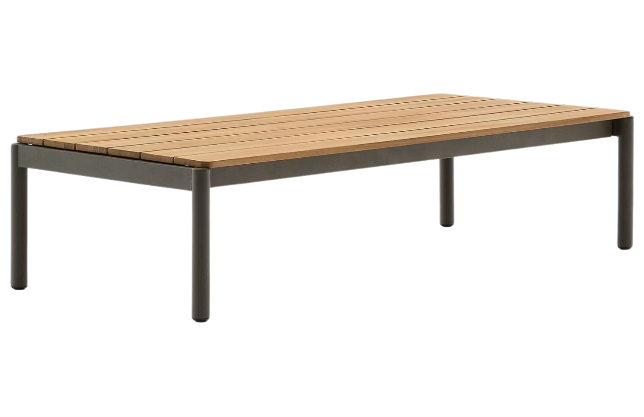 Dřevěný zahradní konferenční stolek Kave Home Sorells 149,2 x 63 cm se zelenou podnoží