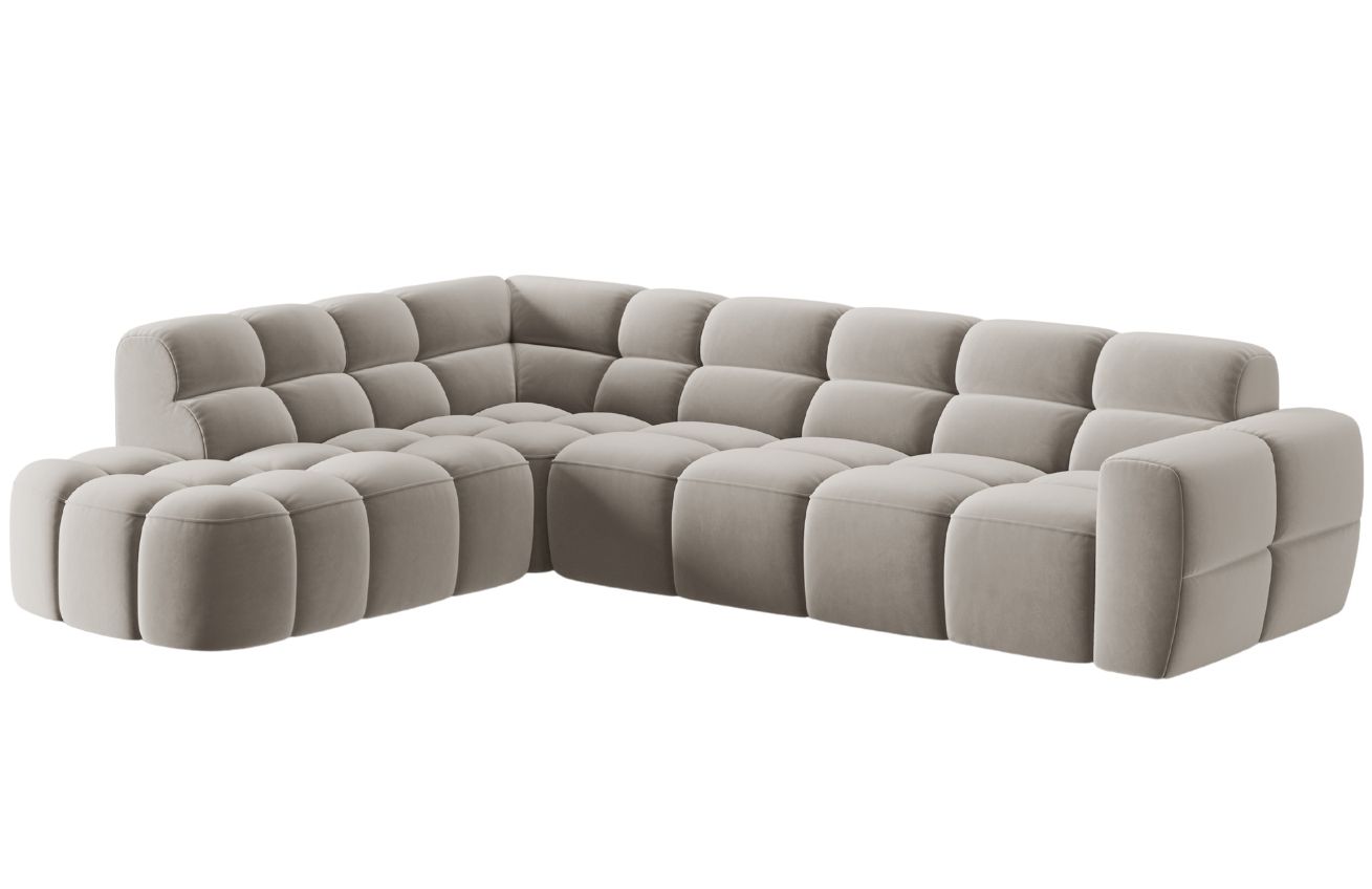 Světle b&eacute;žov&aacute; sametov&aacute; rohov&aacute; pohovka MICADONI Lisa 293 cm, lev&aacute;