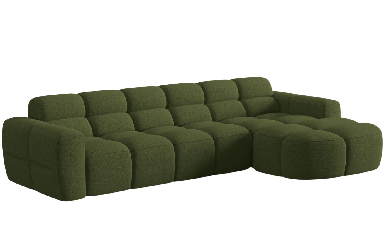 Zelená čalouněná rohová pohovka MICADONI Lisa 310 cm, pravá