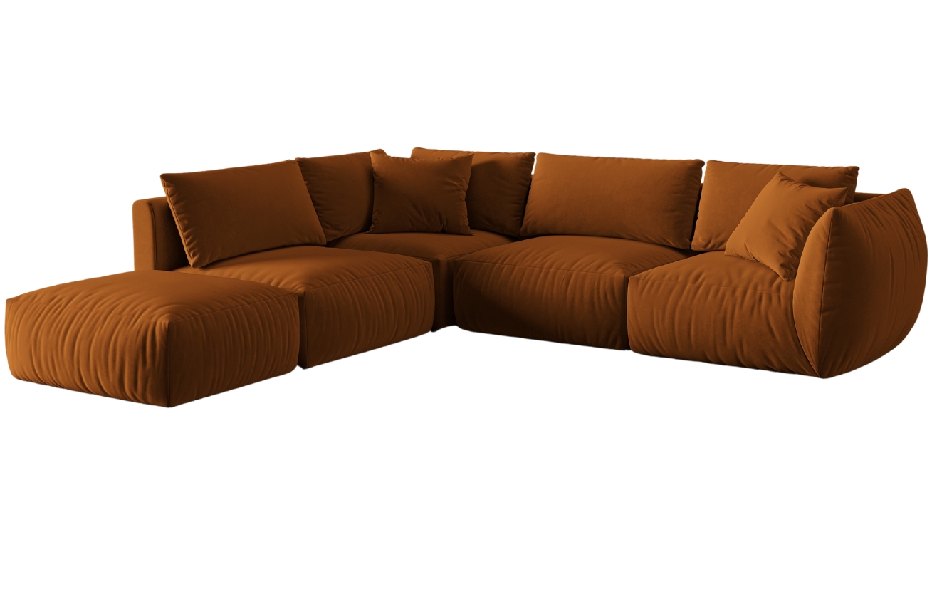 Cihlově oranžov&aacute; sametov&aacute; rohov&aacute; pohovka MICADONI Chris 295 cm, lev&aacute;