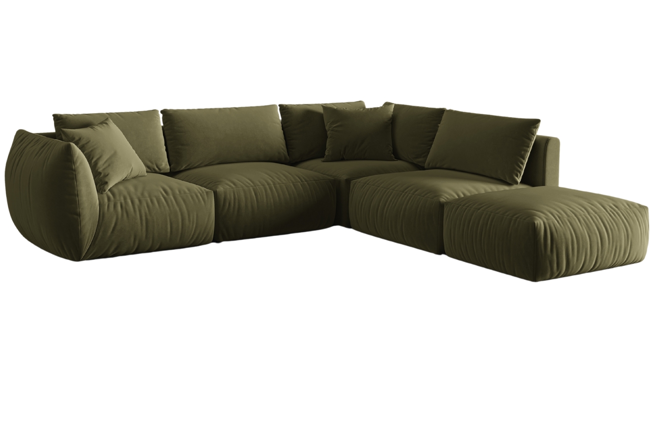 Zelen&aacute; sametov&aacute; rohov&aacute; pohovka MICADONI Chris 295 cm, prav&aacute;