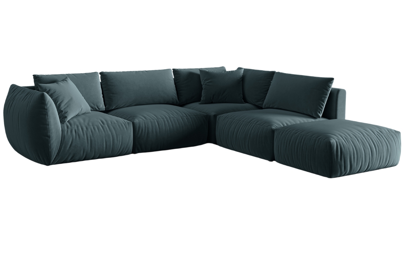 Modr&aacute; sametov&aacute; rohov&aacute; pohovka MICADONI Chris 295 cm, prav&aacute;