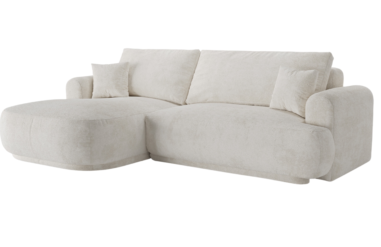 Světle b&eacute;žov&aacute; boucl&eacute; rohov&aacute; rozkl&aacute;dac&iacute; pohovka MICADONI Ella 271 cm, lev&aacute;