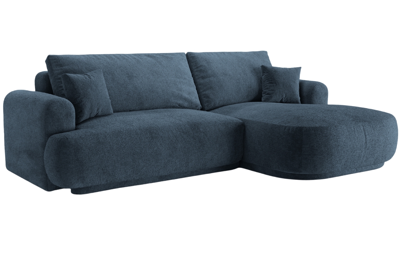 Tmavě modr&aacute; čalouněn&aacute; rohov&aacute; rozkl&aacute;dac&iacute; pohovka MICADONI Ella 271 cm, prav&aacute;